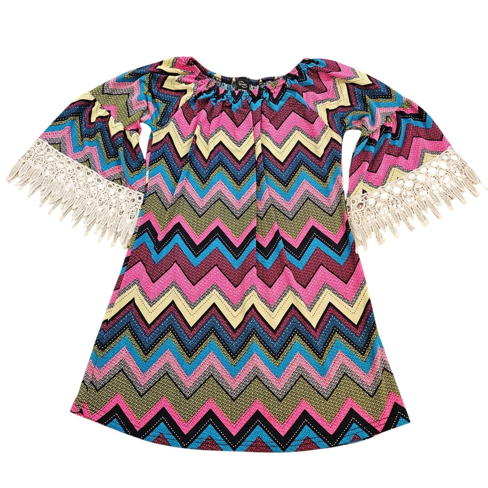 WinWin Boho Chevron Lace Tunic Top Half Sleeve Off Shoulder Pink Blue SM